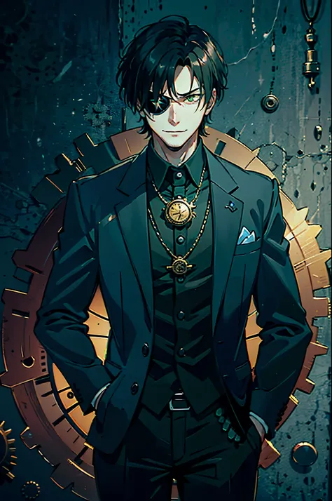 young man, dwarf, dark short hair, pointed facial features, one green eye, eyepatch, strict suit, evil smile, (((sinister aura))), gears on the background, holding a pocket watch in his hand