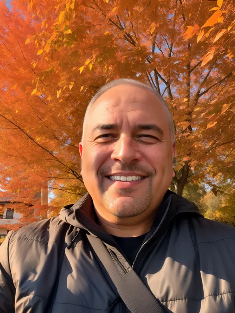 smiling man in black jacket in front of a tree with orange leaves, Fotografia selfie 8k, selfie de um homem, album photo, foto profissional do iphone, trees in the background, with a tree in the background, Dan DeCarlo, George Doutsiopoulos, em frente a um...