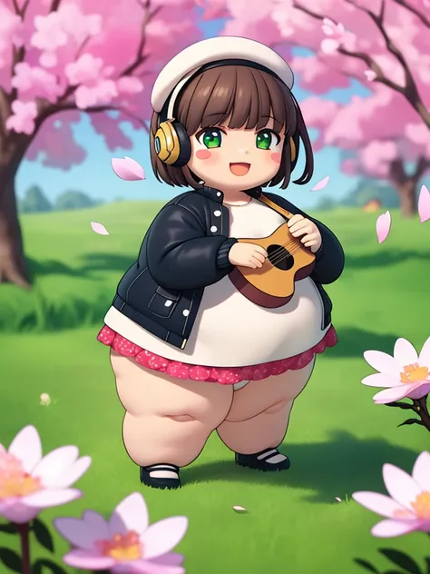 (masterpiece),(best quality),(ultra-detailed), (full body:1.2),
fat 1girl,chibi,cute, smile, open mouth,
flower, outdoors, playing guitar, music, beret, holding guitar, jacket, blush, tree, :3, shirt, short hair, cherry blossoms, green headwear, blurry, br...