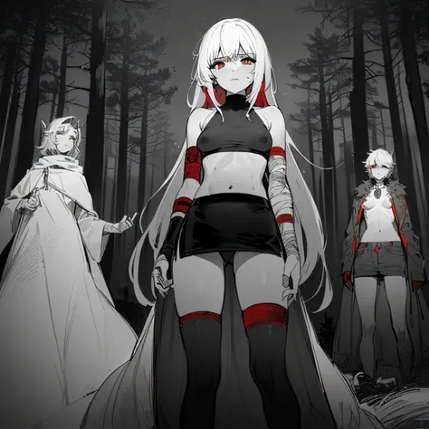 ((4 women, of different sizes,((bandages on their breasts, mini skirt, small breasts,((very long black and white hair, black and red eyes, hopeless face)),((standing, 1 arm behind back)),in a haunted forest, at night,