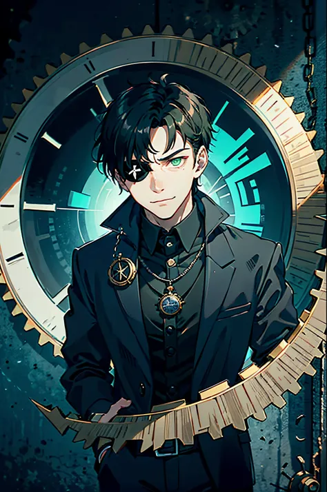 young man, dwarf, dark short hair, pointed facial features, one green eye, eyepatch, strict suit, evil smile, (((sinister aura))), gears on the background, holding a pocket watch in his hand