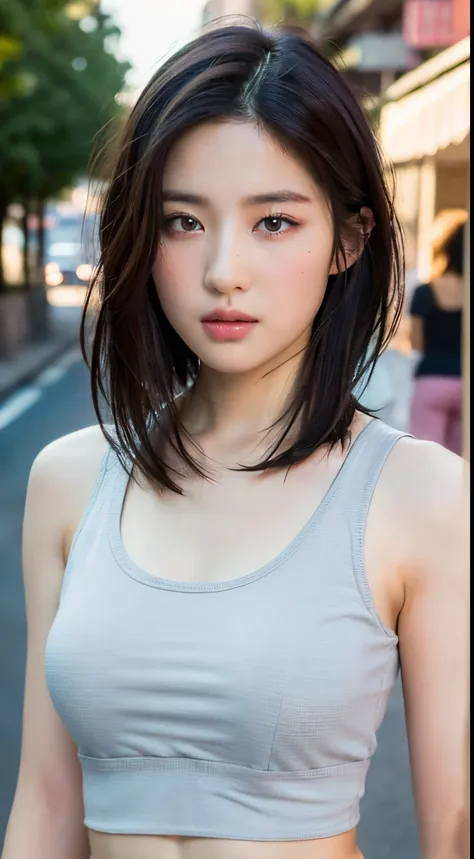 ((Best quality, 8k, Masterpiece :1.3)), Sharp focus: 1.2, Perfect Body Beauty: 1.4, Slim Abs: 1.2, ((Layered hairstyle: 1.2)), (Tank top shirt:1.1), (Street: 1.2), Highly detailed face and skin texture, Fine eyes, Double eyelids