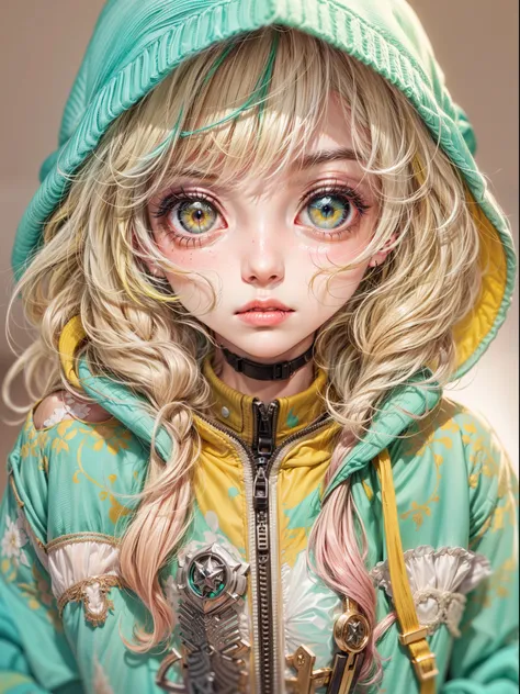 1girl, solo, solo focus, cowboy shot, portrait, oversized hoodie, aqua green and white hoodie, half aqua, half green, ((brown hair)), (yellow hair), (gradient hair :1.5), curly hair, ((pink eyes)), hyperdetailed eyes, tan, (caramel dark skin:1.1), best qua...