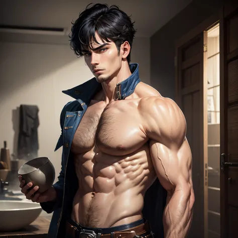 8k, masterpiece, best quality, realistic, higly detailed, cowboy shot, 1boy, solo, Fuutarou, young man, fair skin, black hair, bowl cut, two strands sticking up from the back of his head, bangs that cover his forehead, blue eyes, slim physique, tall build,...