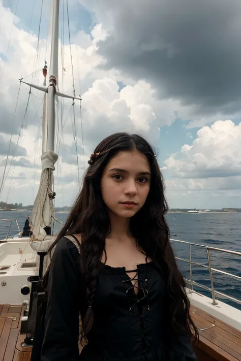 Portrait of a Vampire girl, Long black curly hair, Dressed as an American colonizer 17th century, 11 years old girl, 17th oil painting, 17th ship deck, sailboat, sea with cloudy sky, masterpiece