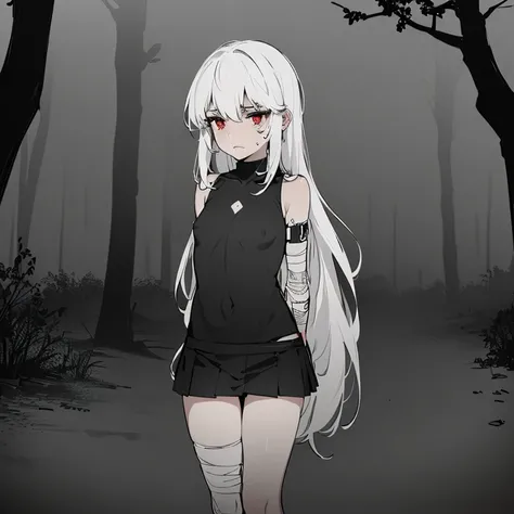 ((4 women, of different sizes,((bandages on their breasts, mini skirt, small breasts,((very long black and white hair, black and red eyes, hopeless face)),((standing, 1 arm behind back)),in a haunted forest, at night,