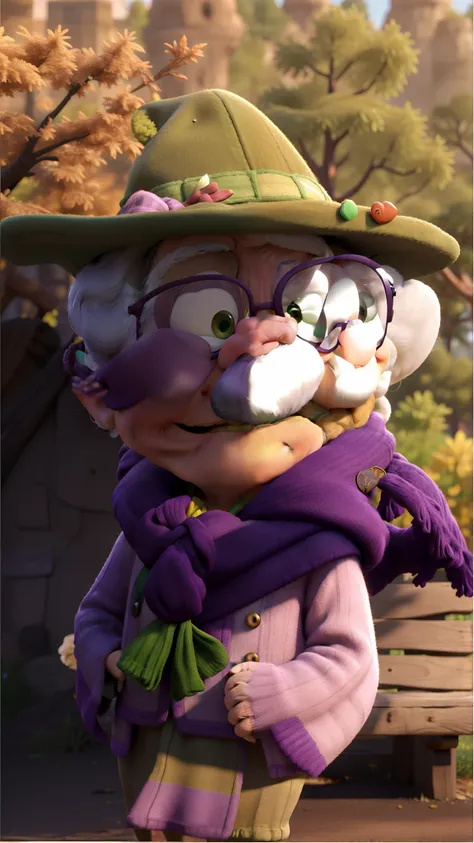 masterpiece, best quality, an old woman with glasses and a scarf on, wearing a purple coat and green scarf, standing at the park