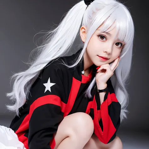 girl with　Black Star Red and White　white  hair　cute little