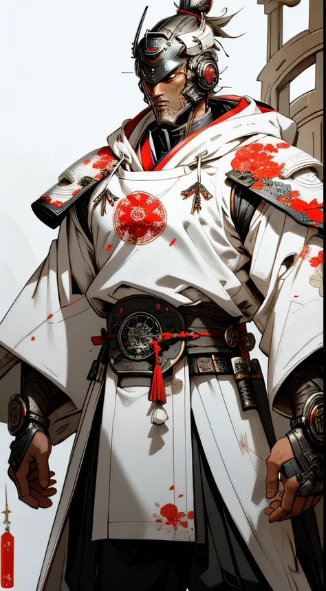 A futuristic samurai knight in white armor and oriental fabric clothing, hood and gears