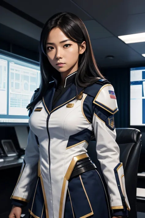 A female commander of a justice team that appears in a special effects program.。.。.　in school uniform　dignified expression　Standing　The background is the command room, nffsw, retinas, masutepiece, ccurate, Anatomically correct, Textured skin, Super Detail,...