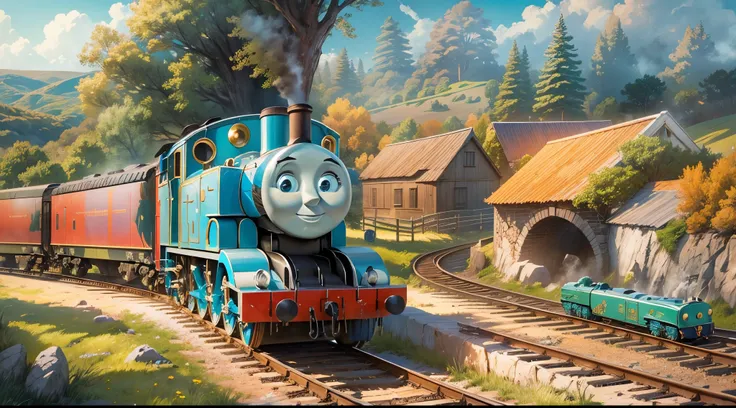 Detailed illustration of Thomas the Tank Engine, with dynamism、Colorful landscape. Thomas the Tank Engine should be the main focus, Showcasing its iconic shape and features. The medium should be digital art, With a touch of realism，The landscape should be ...