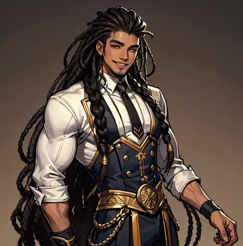 masterpiece,best quality,ultra-detailed,high resolution,extremely detailed,solo,man,black man,warm smile,handsome,muscular,himbo,tall,simple clothes,dreadlocks,cornrows