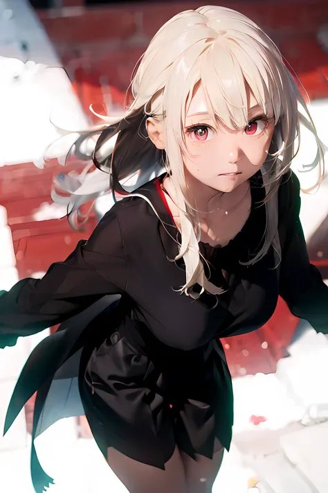 Black dress,red eyes,shorts, white hair