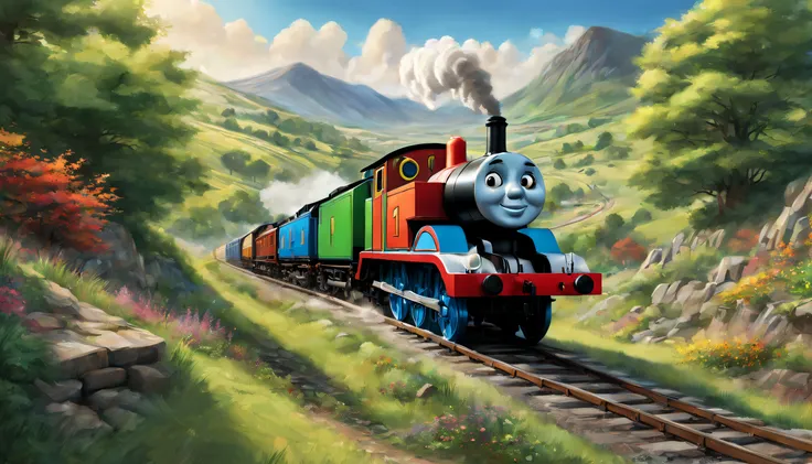 Detailed illustration of Thomas the Tank Engine, with dynamism、Colorful landscape. Thomas the Tank Engine should be the main focus, Showcasing its iconic shape and features. The medium should be digital art, With a touch of realism，The landscape should be ...