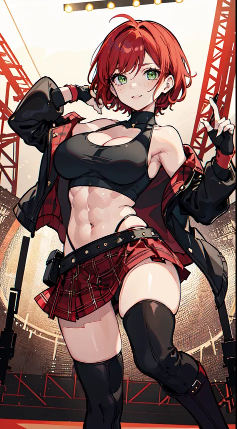 1girl, curly red pixie cut hair, green eyes, wearing crop top black shirt, red plaid skirt, (black knee high boots), thigh high socks, black fingerless gloves, jacket, exposed shoulders, thick thighs, cleavage, large breasts, freckles, abs, masterpiece, lo...