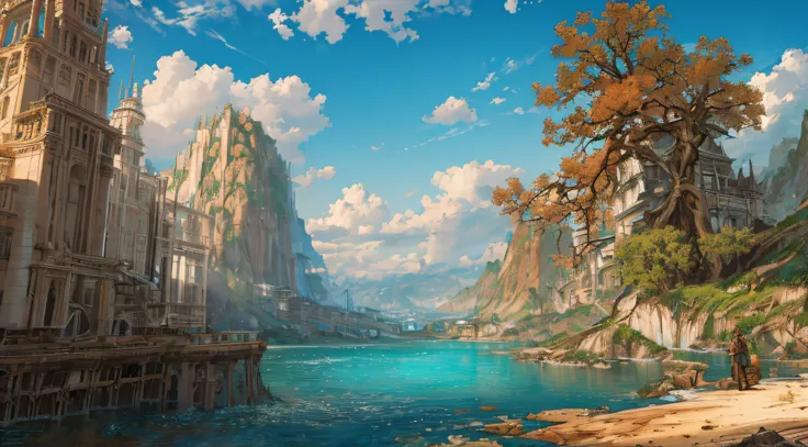 Masterpiece, high detail, 8K resolution, ConceptArt, scenery, water, sky, day, tree, cloud, waterfall, outdoors, ruined civilization buildings, nature, river, blue sky, ((1boy)), he is wearing brown rugged cloth, spring