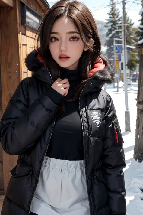 ropa de refugio, blusa, ski jacket, piel guepardo, ropa con mucho pelo, abrio invierno, parka, tetas grandes, a 20 year old female, Pelo largo y rojo, con tetas grandes, tema oscuro, tonos relajantes, colores apagados, alto contraste, (textura natural de l...