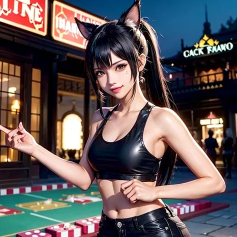 a miqo'te final fantasy 14, wears black jeans and a black top,, samourai sword, crossing arms, black hair with pink highlights, ...