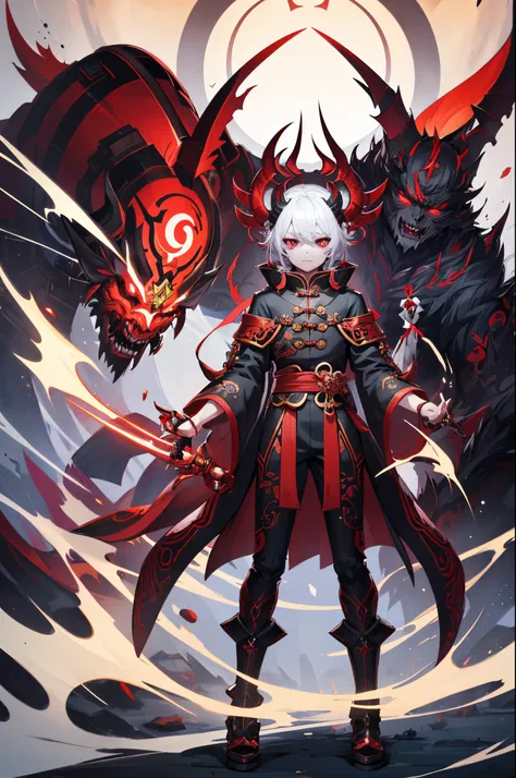 There is one in costume、eyes glowing、man with devilish face,future robot demon,Demon aristocracy character design, G Liulian art style, asura from chinese myth, symmetric concept art, High quality digital concept art, onmyoji detailed art，