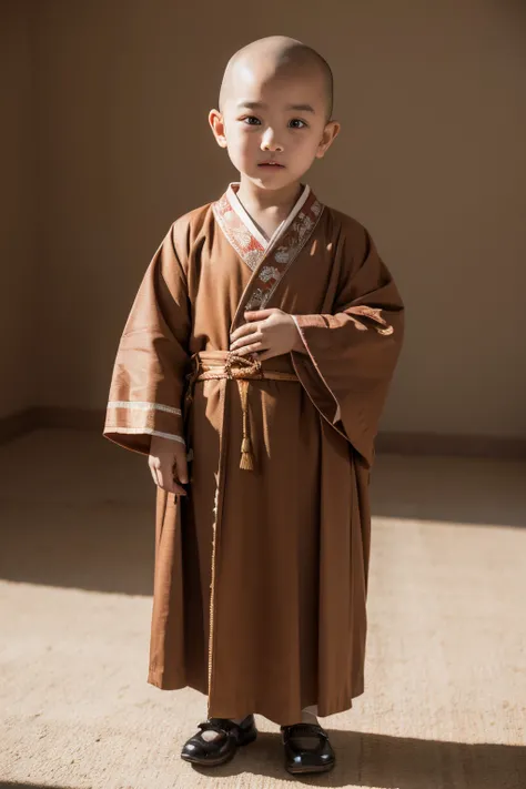 Asian child in brown robe，Sit in the temple，Sit on a futon，bald，with a round face，dimple，Handsome，Have a well-proportioned figure，clothes with embroidery，high high quality，A high resolution，8K，Chinese，kiyo，，Light orange and dark brown，