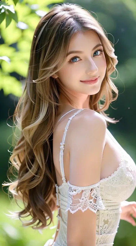 American white woman with unparalleled looks、dark blonde、hair tied with a ribbon、Hair is wavy、The ends of the hair are curled、blue eyess 、A slender、Out of focus background of open meadow in the forest、The sun filtering through the trees is beautiful、a smil...