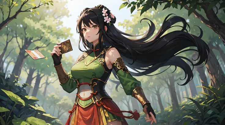 guan yinping, fighting stance, serious, huge breasts, black hair, brown eyes, hair ornament, hair flower, green top, looking at ...