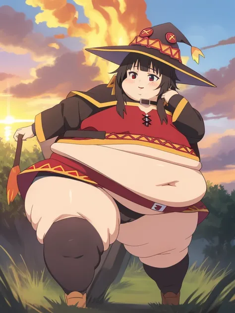 Fat Megumin, masterpiece, Best Quality, realistic anime, sunset, explosion
Sibitai.With preview, obese body, black panties, thick thighs, fat belly, obese loli, fat arms, big cheeks, cute and fat face, happy