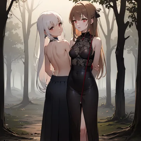 ((woman, bare breasts, brown maxi skirt with a rope like lace, shaved maxi skirt, small breasts, ((very long white hair, red eyes, hopeless face)),((standing, 1 arm behind the back) ), in a haunted forest at night,