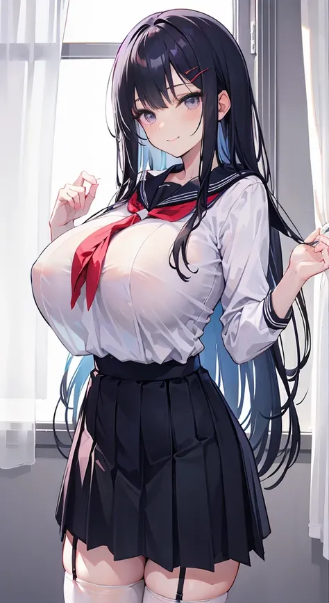 Long black hair that reaches the waist，Lilac eyes，Thin hair curtain，There are two hair curtains on each side，Loose hair，Chiquita，Black sailor uniform，Colossal tits，Fair skin，Hands behind your back，light  smile，Black stockings，Whole body diagram，Eye highlig...