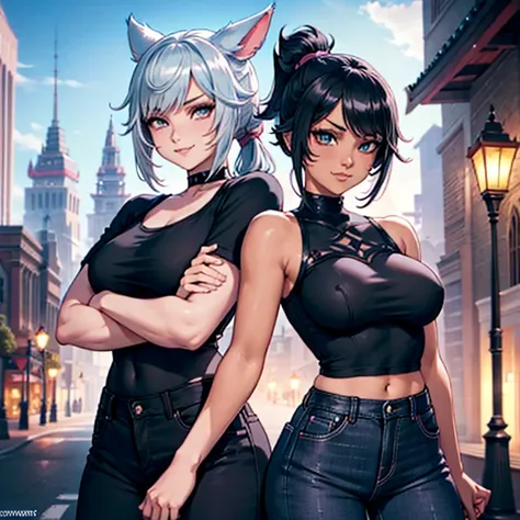 1girl, Miqote Final Fantasy 14, wears Black jeans and a black top,, Samourai Sword, Crossing arms, Black hair with Pink highlights, Cyan eyes, Ponytail, Black skin tone, in a casino, Portrait, smiling face, tribal mark, outdoor scene,