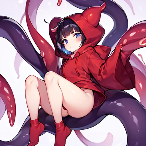 ((NSFW100))、(((full body seen)))、(((Indigo eyes))), (((Floating Girl)))、(((short dark hair))), (((The eyes are blue-violet)))、((She wears an oversized red hoodie made of bright red slimy tentacles))、(Mucus and slimy skin)、((cheeks are flushed))、((White dro...