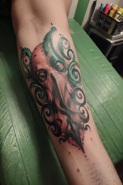 there is an octopus involving the financial market, fibonacci ratio that has and has the colors green, vermelho, branco e preto feito em aquarela e nanquim, CGSeteration  tattoo, No estilo de arte de Quetzecoatl,