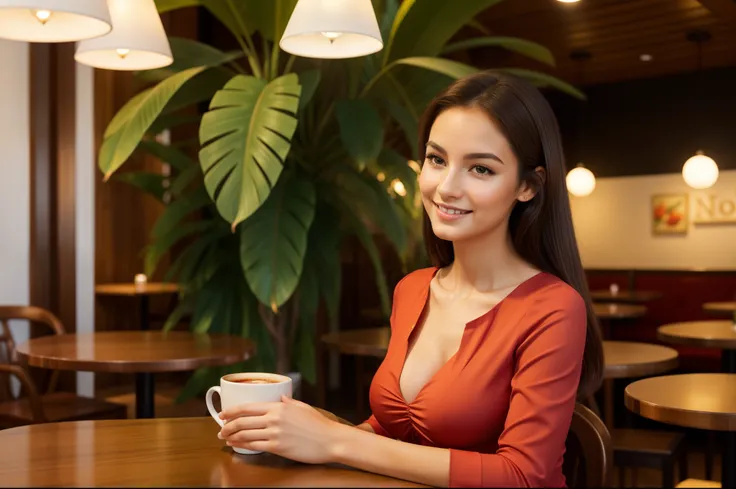 A girl in a bossa nova themed café, (18years old),[the face is combination of (((irene1:1.2))) and (((Excella_er5:1.2)))],long eyelashes,gorgeous girl,feminine charm,pearl skin,(skin pores:1.1),extremely detailed face and skin texture,(skin texture:1.1),bl...