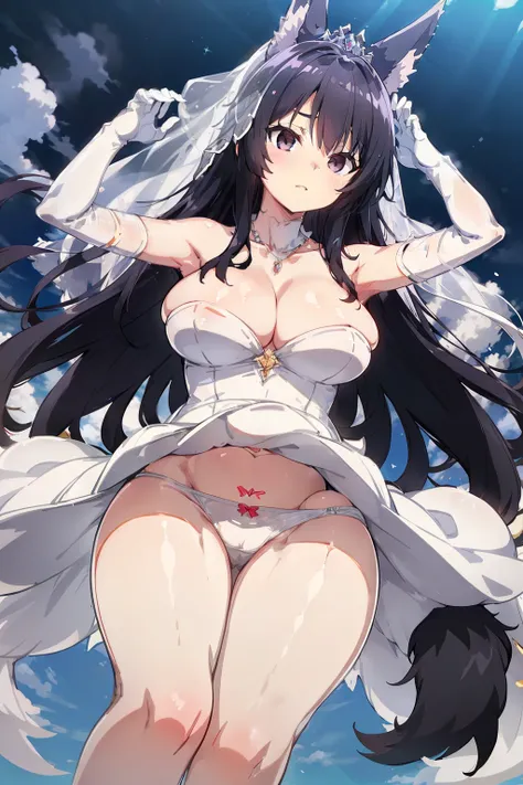 1girl, aaichika, tiara, bridal veil, necklace, cleavage, wedding dress, strapless dress, white dress, white gloves, elbow gloves, from below, skirt lift, white panties, bare legs,, masterpiece, best quality, highly detailed, Delta, long black hair, fox ear...