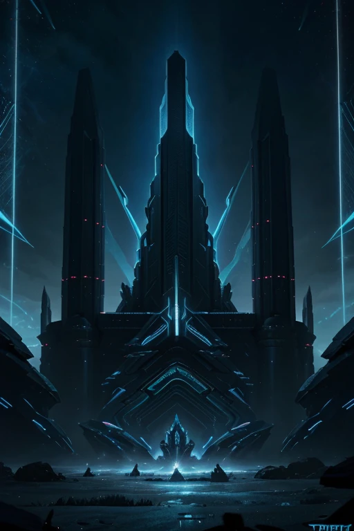 there is a very large alien like structure in the sky, protoss!!!!, protoss!!, fractal thunder dan mumford, protoss, the glowing throne, protoss temple!!!, luminescent concept art, dan mumford. concept art, the fourth race of starcraft 2, sci fi epic digit...