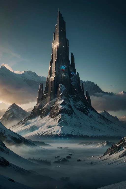 there is a large mountain with a very tall structure in the middle of it, sci fi digital painting, sci-fi digital painting, dramatic concept art, mystical sci-fi concept art, sci fi landscape, concept art futuristic norse, scifi landscape, industrial futur...