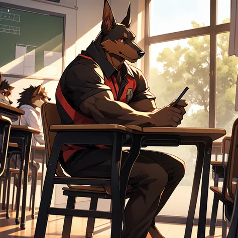 Sunlight, summer, (classroom, school), window, table, chair, full_body, Kemono, (light brown and dark brown color combinations fur, dark, brown snout, doberman ear, doberman) anatomically correct , male, furry, (muscular body), school unifrom, mischievous ...