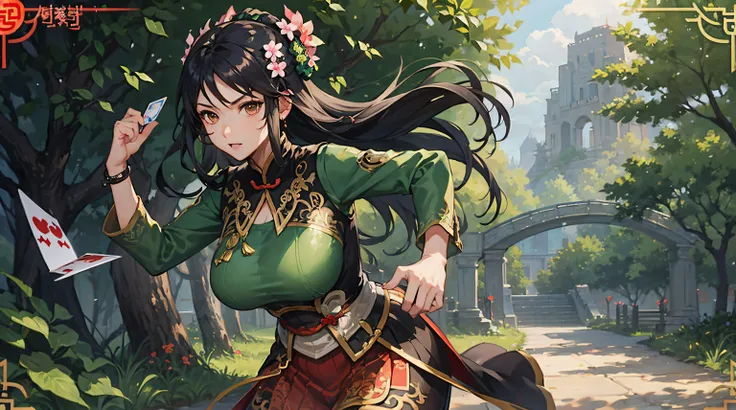 guan yinping, fighting stance, serious, huge breasts, black hair, brown eyes, hair ornament, hair flower, green top, looking at ...