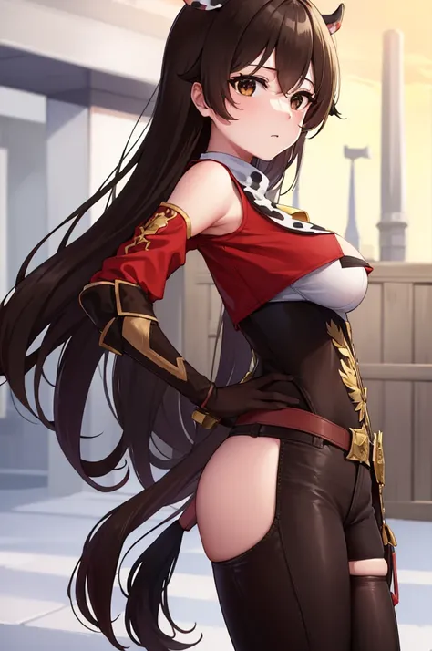 yuanshen amber, amber, brown hair, long whitr hair, (brown eyes:1.5), hair between eye, shairband, ribbons, red belt, (little br...