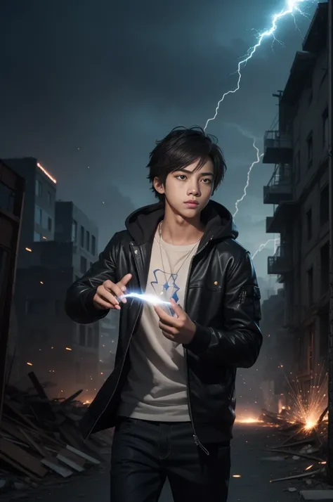 (17-year-old young man in soul body with blue and black lightning particles emitting around it), 3D rendering, movie special effects, movie lighting, city in ruins, clear HD, 8K resolution, very detailed, digital painting, concept art, Shinkai Makoto style...