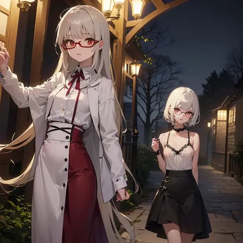 ((woman, bare breasts, brown maxi skirt with a rope like lace, shaved maxi skirt, small breasts, ((very long white hair with shags, red eyes, ((with round glasses with)), hopeless face) ),((standing, 1 arm behind back)), in a haunted forest at night,