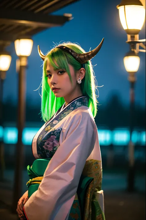 1girl, yamato_5000, white hair, green hair, gradient hair, horns, wanostyle, ring earrings, ((masterpiece)), ((best quality)), extremely detailed, bloom, kimono, traditional clothing, depth of field, sketch, dark intense shadows, sharp focus, soft lighting...