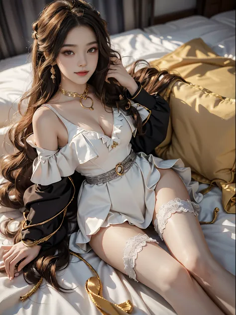 ((from above)), a young girl, beautiful teenage girl, Stewardess, 校服, Coveralls, cropped shoulders, slim, Slimming the waist, high-heels, Shy, grin, 耳Nipple Ring、choker necklace、Heavy makeup，Gorgeous eye makeup，extremely beautiful eyes, golden hair, curlie...