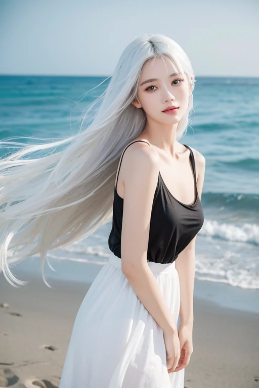 Best quality at best, sea beach,shirt tractor, black t-shirts, Happy, exposed bare shoulders, White dress, White hair, dual horsetail, long whitr hair, shairband, looking at viewert