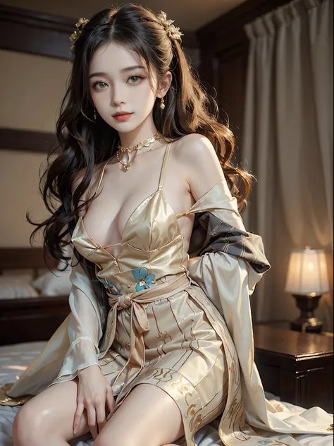 ((cowboy shot)), ((from below)), a young girl, beautiful teenage girl, period costume, Hanfu, cropped shoulders, slim, Slimming the waist, high-heels, Shy, grin, 耳Nipple Ring、choker necklace、Heavy makeup，Gorgeous eye makeup，extremely beautiful eyes, golden...