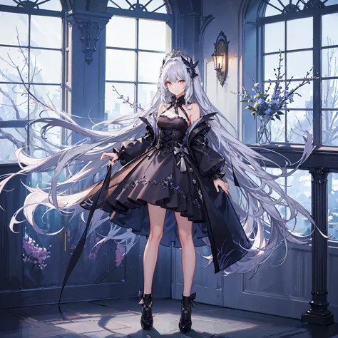 heterochromic pupils，silver hair mixed with black hair，teens girl，wearing a gothic style skirt，with a smile，sittinng on the desk...