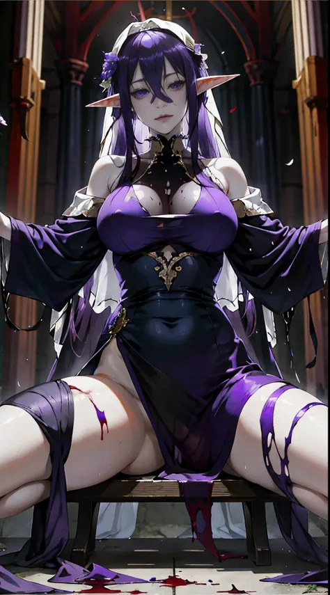 Purple hair and big breasts，elf bride，japanese manga，In the palace，in churches，flower in hands，Spread your legs apart，lying on floor，Lie on a bench，pale-skinned，Be covered in blood，Be covered in blood，sheer transparent clothes，drenched all over the body，