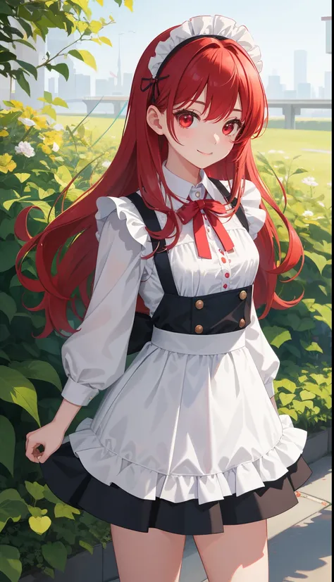 1girl in、AS-Adult、A smile、The shirt、Mini skirt、pantiy、（small tits）、doress、pinafore、Hair decoration、（Maid costume）、Walking with a thigh、Upper body portrait、 Red hair, Red Eyes, slanted eye, bangss、Have a gun