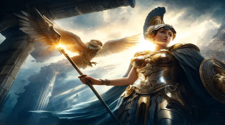 a close up of a woman in armor holding a sword and a bird, greek goddess athena, the god athena, athena goddess of wisdom, venus godness athena, golden goddess athena, goddess of greek mythology, greek myth digital painting, by Marek Okon, athena, greek go...