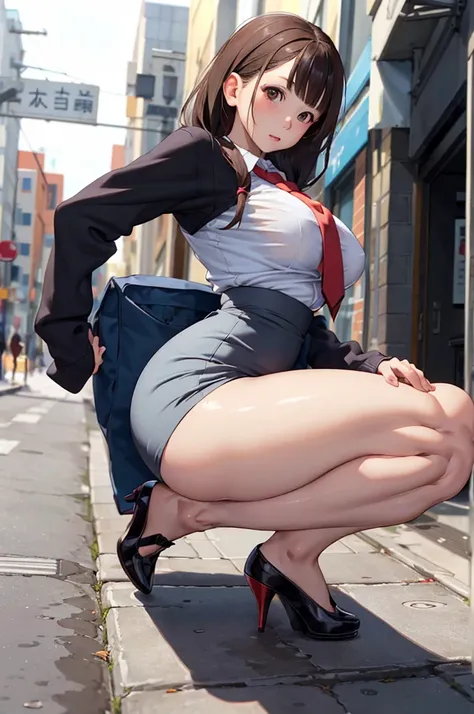 masterpiece, best quality,1girl,young girl,brown eyes,long hair,mesugaki smile,shiny skin,(nice leg line:1.3),thin waist,huge breasts
BREAK
school uniform,necktie,((pencil skirt)),high heels
BREAK
street,crowd,depth of field,looking at viewer,squatting,fro...